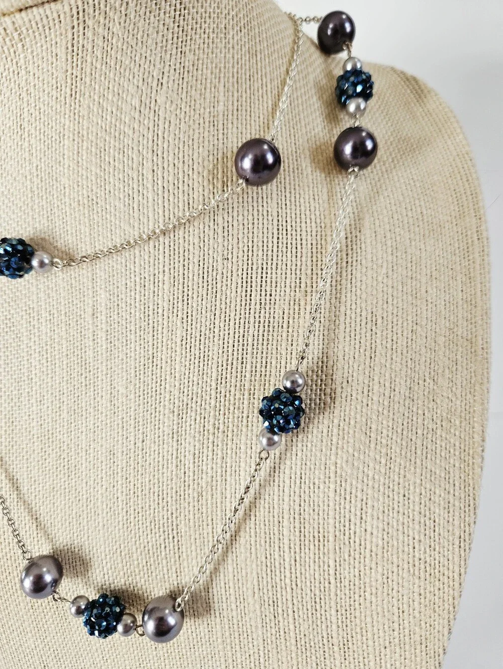 Vintage RMN Roman Blue Faux Pearl Beaded Silver Tone Opera Length Chain Necklace